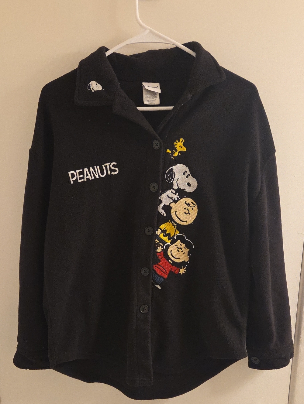 Peanuts Black Button-Up Kids Fleece Top with Character Embroidery